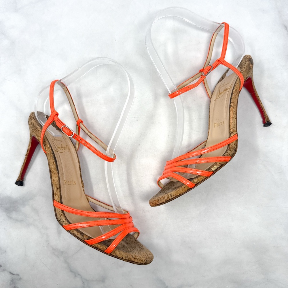 Christian Louboutin Belbride Patent Leather Cork Strappy Stiletto Heel Sandals